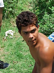 Olive-skinned twinks have oral fun outdoors