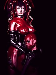 Mistress in reddish latex uniform dominating subservient male slave