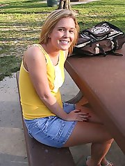 Blonde slides her pink bottoms up her shaved smooth camel toe