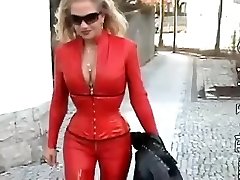 Spandex glamour porn video with slut clad in red