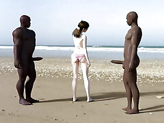Milky girl gets blacked on the beach by 2 big black cock men