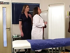 CFNM IR nurses in uniform and high-heeled shoes suck black bone in 3way