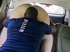 A curvy MILF enjoys public sex with a ebony guy right in the car.