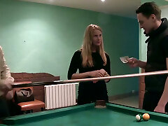 Trashy nymphomaniac in black stocking gets fucked on the billiard table
