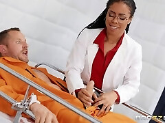 Insatiable and sizzling black doctor flashes her tits before patient fucks her mish