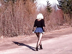 Jeans skirt and black pantyhose-Sexy walk big ass
