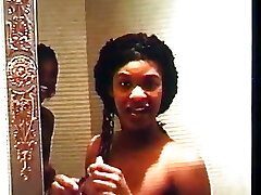 Two sexy dark-hued lesbians finger pound each other on the couch