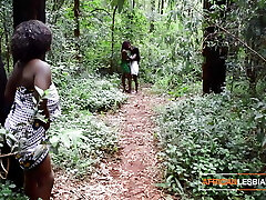 Ebony Dark-hued Fairies Walking In The Jungle Get Teased By Big Black Tit MILF Wanting Lezzie Threesome