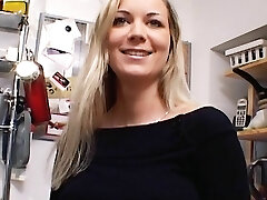 Unbelievable German MILF with ample boobs dildoing her shaved muff in the kitchen