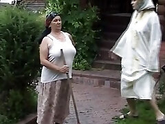 A sexy German granny and teen getting their holes penetrated by three cocks