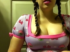 Chubby Brunette Teen with Huge Natural Tits Smoking in Pigtails