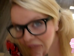 Cute blond chick gets fucked in school uniform big popshot on her glasses!!!