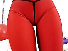 Big Cameltoe and Plump Ass Babe In Tight Red Spandex