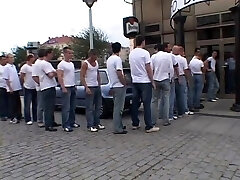 Bitchy brunette plowed hard by 30 men in this gangbang film