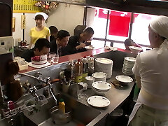 Kitchen maid in Asia Shop gets screwed by every man in the Shop