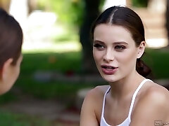 Horny yoga schoolteacher Riley Reid finger fucks and licks pussy of fabulous client in the garden