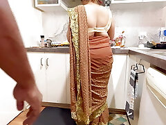 Indian Couple Romance in the Kitchen - Saree Sex - Saree lifted up, Backside Spanked Boobs Press