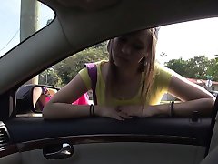 Hot teen London rides a car and cock