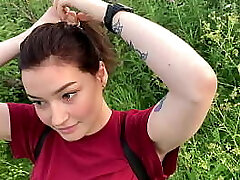public outdoor blowjob with creampie from bashful lady in the bushes - Olivia Moore
