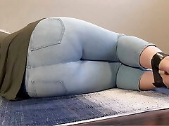 Tied up Woman Can't Hold it Anymore Pees in Light Jeans