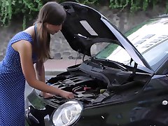 Sexy czech teen girl having sex with old man for helping with her car