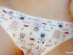 Puny girl jumping wet pussy on dick under panties. Stunner enjoying. Teenage girl alone home. Real homemade video. amateur teenag