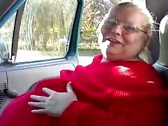 Filthy Plus-size grandma of my wife shows off her flabby juggs in truck