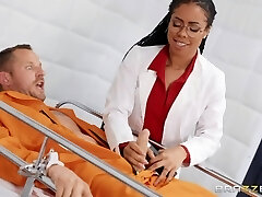 Horny and hot black doc flashes her tits before patient fucks her mish