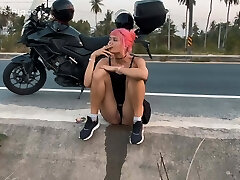 Motorbike girlfriend urinating on the roadside