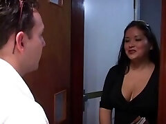 Massive tits brunette banged by 2 hard cocks