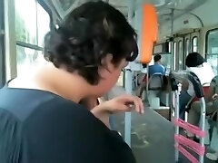 Round man is flashing his dick in the public transport