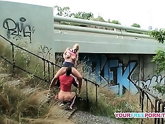 Dirty couple tearing up 10 feet from highway