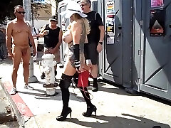 Huge-chested mature exhibitionist with groping in public Huge-chested mature exhibitionist with groping in public