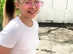 Schoolgirl romping on porch, cum squirted all over.