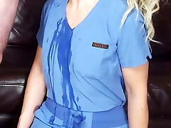 Sloppy nurse Oral soaks thru the scrubs Sloppy nurse Oral soaks thru the scrubs