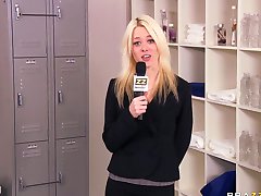 Big tit brunette MILF pornstar shows reporter why she does so well in sports.