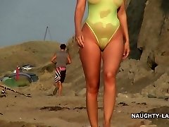 Sheer bikini and nude on the beach
