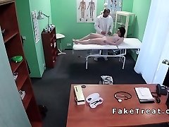 Doctor screws chubby patient on a desk in fake clinic
