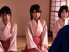 Petite femdom Japanese kimono babes jump on dude
