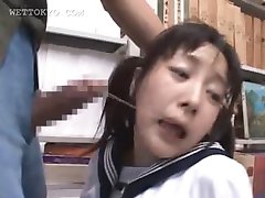 Brunette asian mouth fucked hard in school library