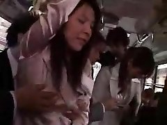Two asian wifes businesswoman pawed and fuck in bus