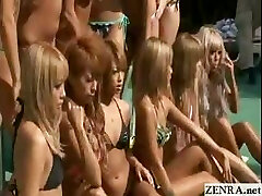 Tanned group of Japanese teens pose for a bra-less pool pic shoot