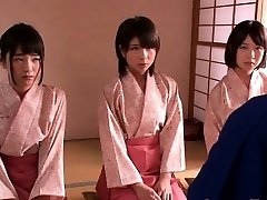 Diminutive femdom Japanese kimono babes jump on dude