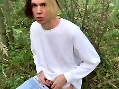 cute russian boy masturbating in a public forest and pee outdoors