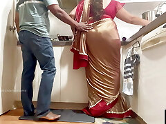 Indian Couple Romance in the Kitchen - Saree Sex - Saree elevated up and Caboose Spanked
