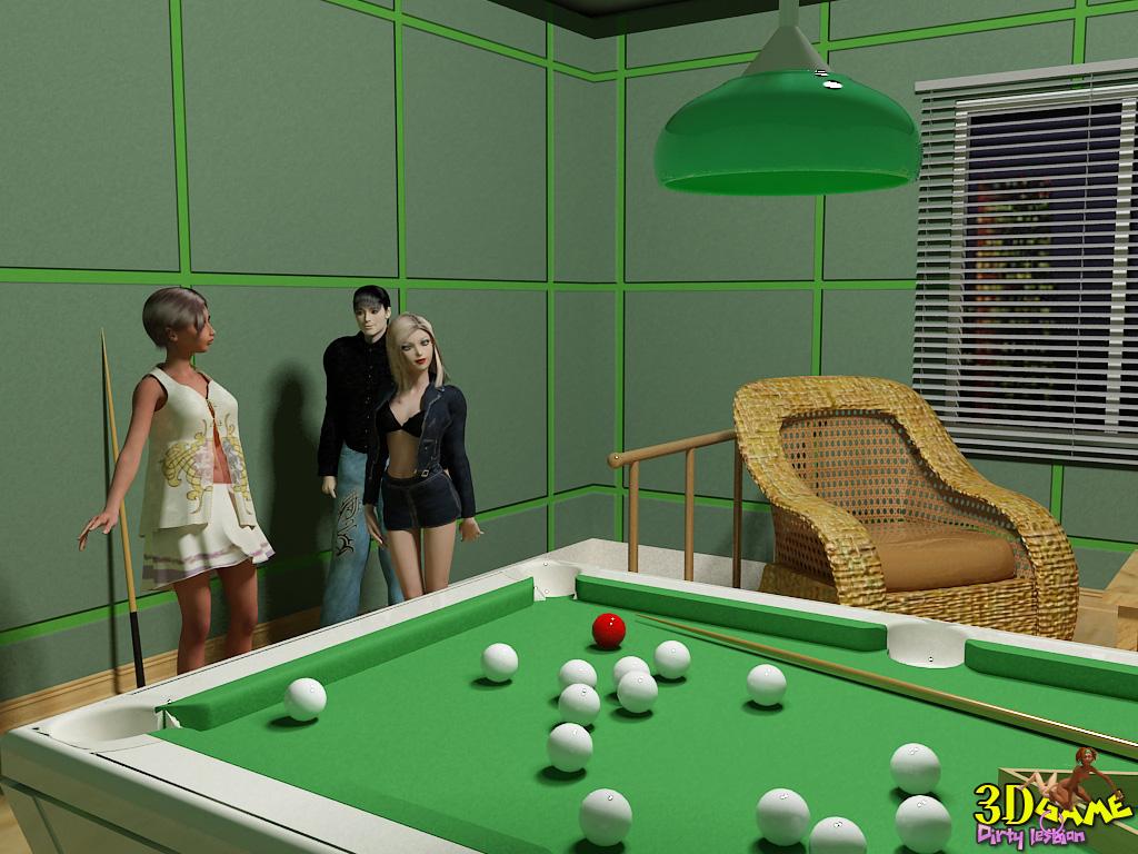 Crazy 3D lesbian sex in the billiard room