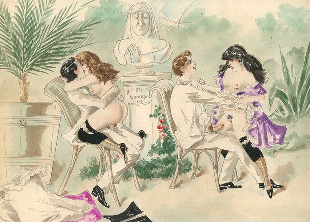 Adult Group Sex Vintage Illustrations - Water-color retro group sex drawings