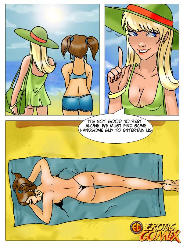 Lesbians Big Tits Beach - Two huge titted comics lesbians getting fucked hard on the beach