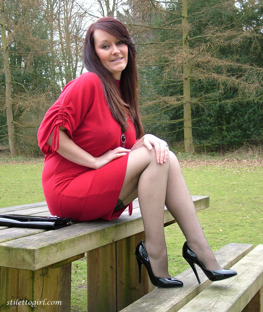 Horny brunette loves to wear her high heels outdoors