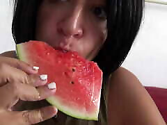Horny lad big cock beurette with natural tits eatis a juicy watermelon